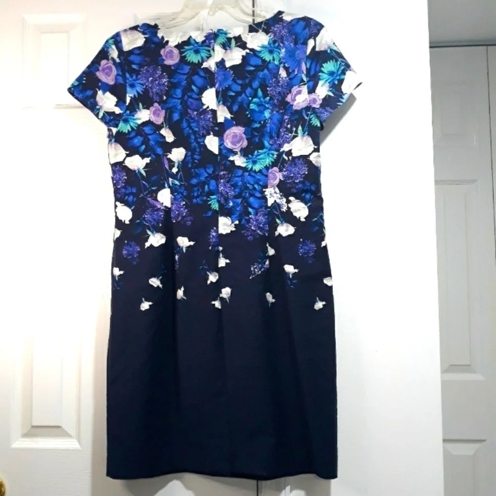 Talbots Dress Cotton Lined Floral Blue Back Zipper Short Sleeve Size 14
